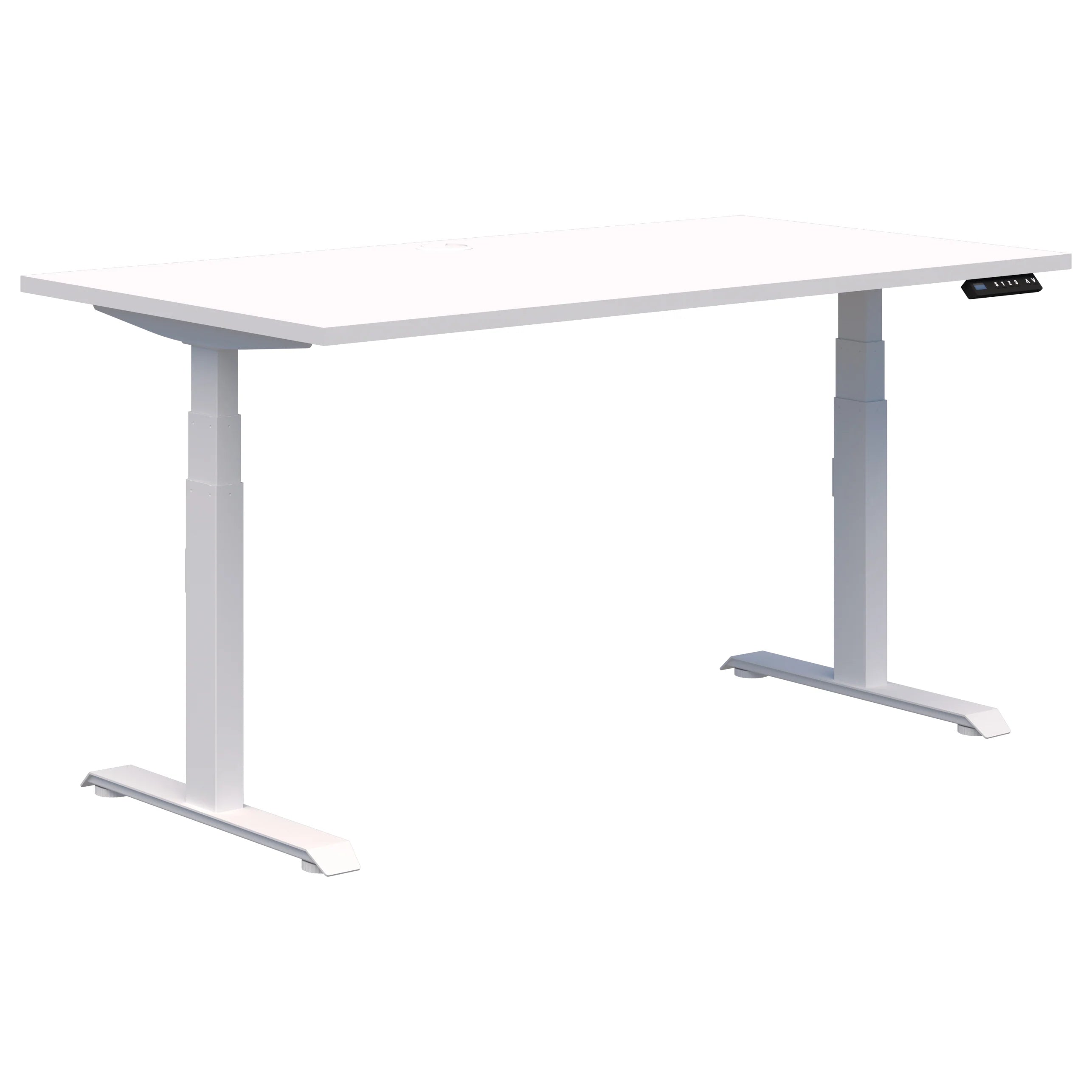 Summit electric height adjustable office desk with white frame and snow velvet white top.