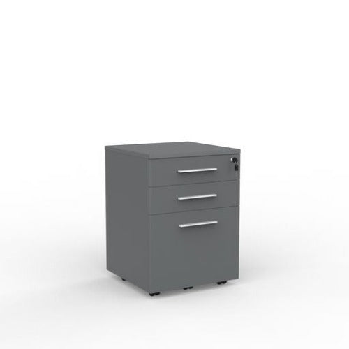 Cubit mobile with 2 stationery drawers and 1 file drawer in silver with white handles