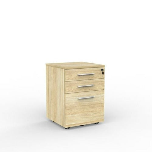 Cubit mobile with 2 stationery drawers and 1 file drawer in atlantic oak with white handles