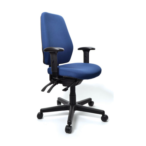 Aura Ergo Plus task chair with nylon base and castors and blue fabric with arms