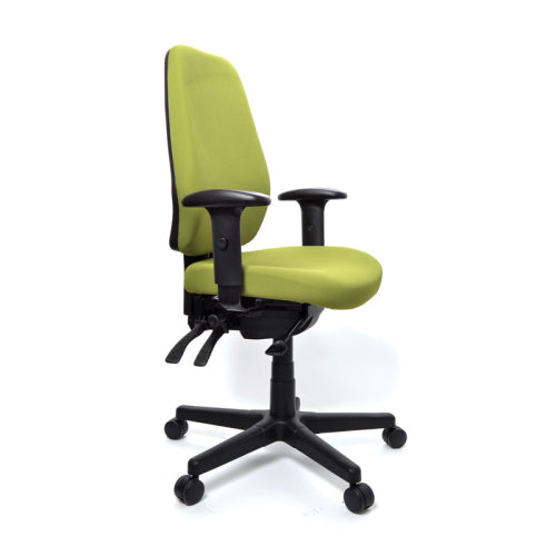 Aura Ergo Plus task chair with nylon base and castors and green fabric with arms