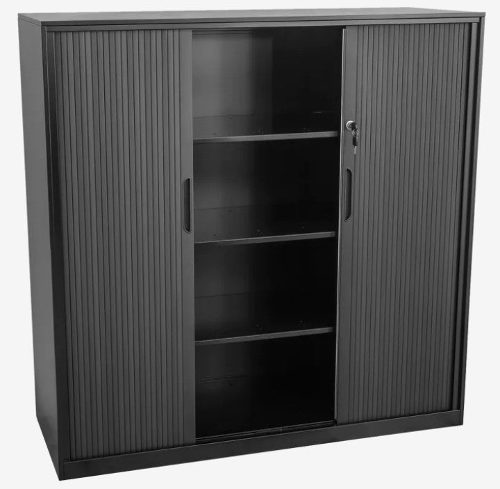 Proceed Tambour in Black. 1020mm height. Four Tiers, three shelves.