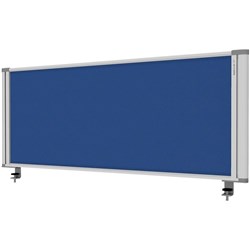 Desk mounted partition screen in blue fabric with aluminium frame