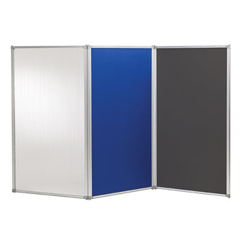 Set of three free-standing partition screens in blue and grey fabric, and frosted polycarbonate with aluminium frames