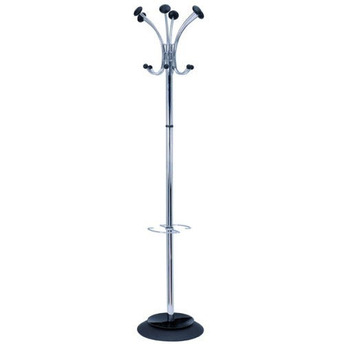 Coat rack with chrome plated steel tube frame and black hook-end and black base.