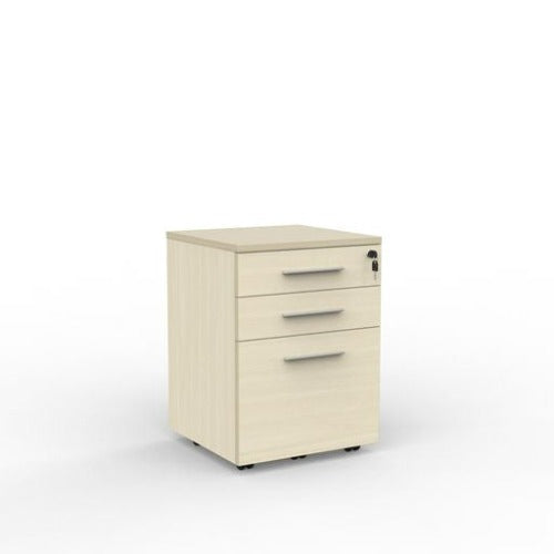 Cubit mobile with 2 stationery drawers and 1 file drawer in nordic maple with silver handles