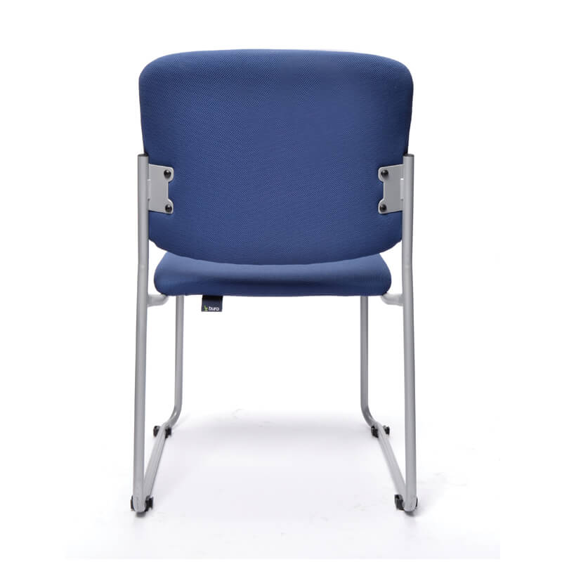 Mario stackable chair with blue fabric back and seat and steel skid base frame rear view