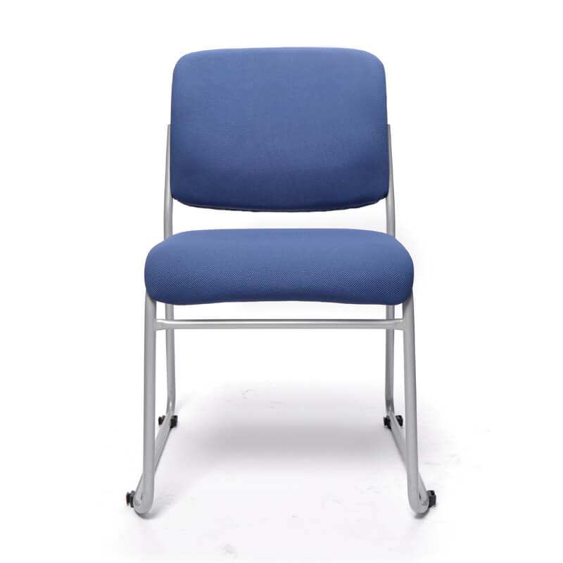 Mario stackable chair with blue fabric back and seat and steel skid base frame front view