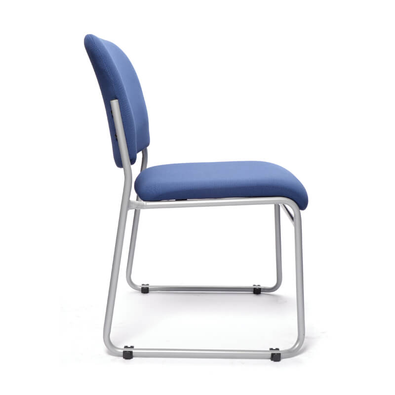 Mario stackable chair with blue fabric back and seat and steel skid base frame side view