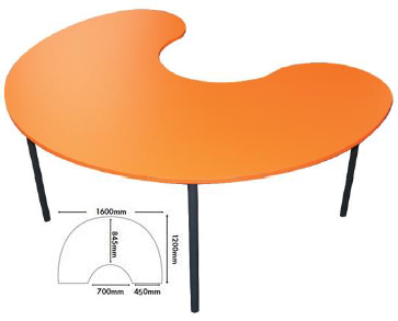 moon-shaped whiteboard table with orange top and black legs, and dimensions sketch at bottom of image