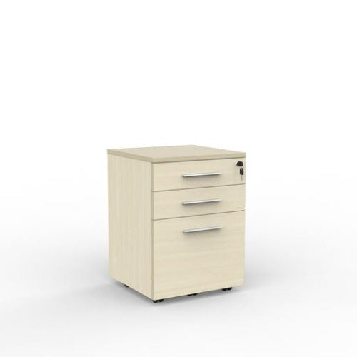 Cubit mobile with 2 stationery drawers and 1 file drawer in nordic maple with white handles
