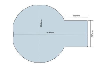 Technical drawing of a round keyhole shaped chair mat with dimensions included