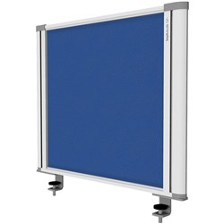 Desk mounted partition screen in blue fabric with aluminium frame