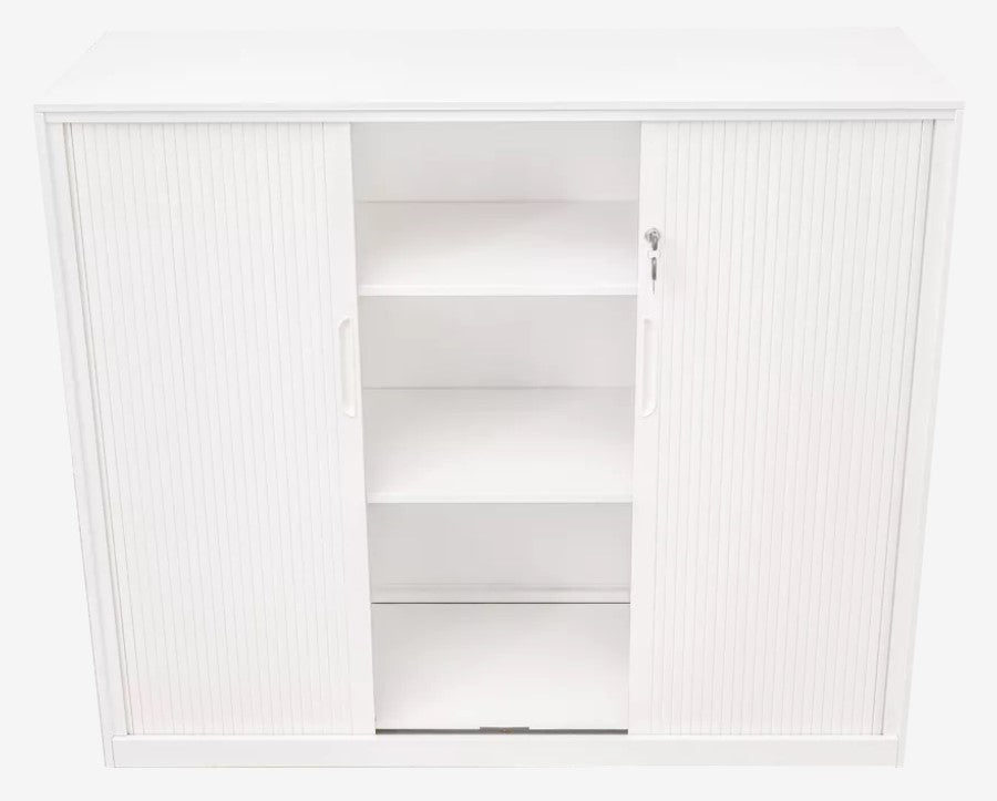 Proceed Tambour in white. 1020mm height. Three Tiers, two shelves.